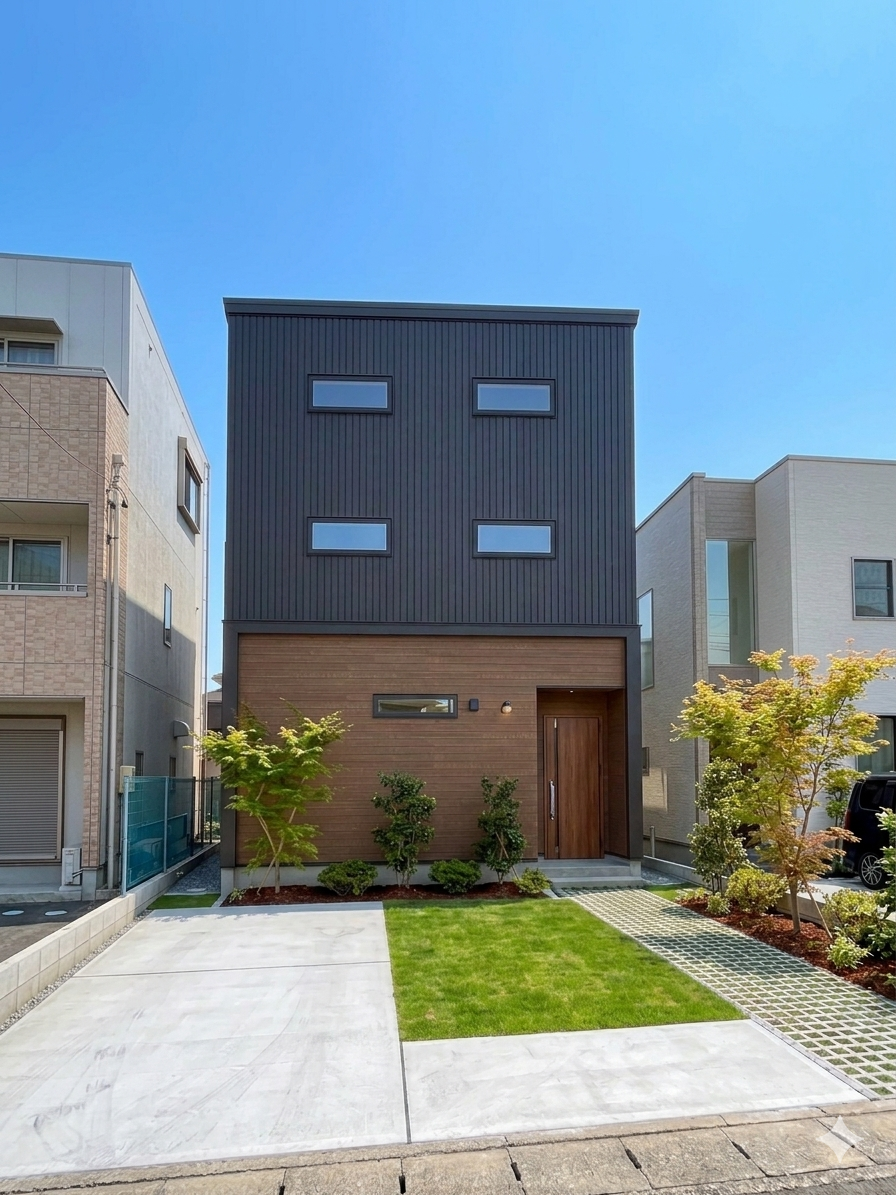 3階建てのように見える洗練された2階建て