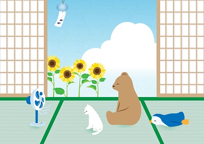 畳でくつろぐ動物のイラスト