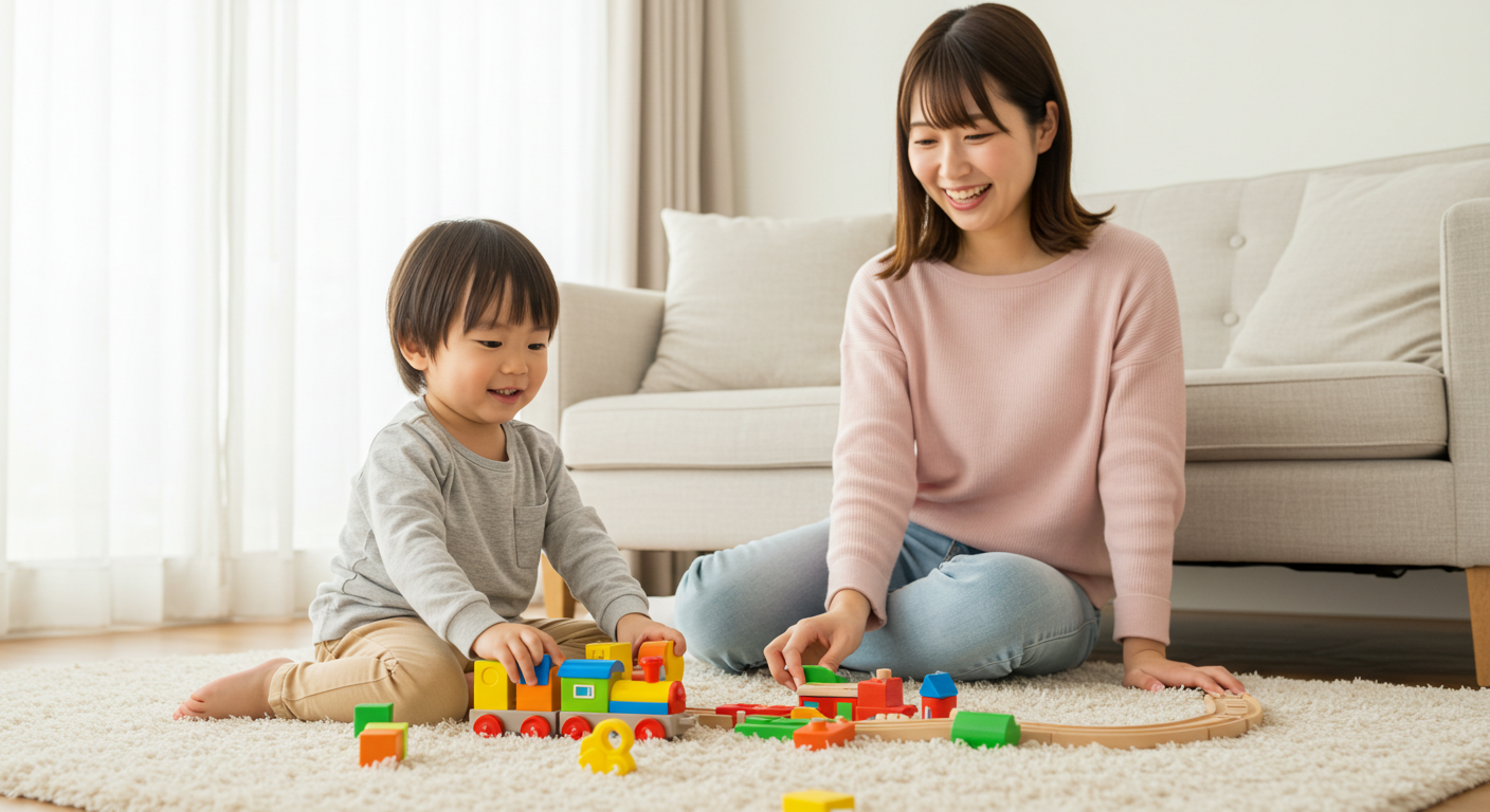 リビングで子どもが遊び、ママが笑顔で見守る写真